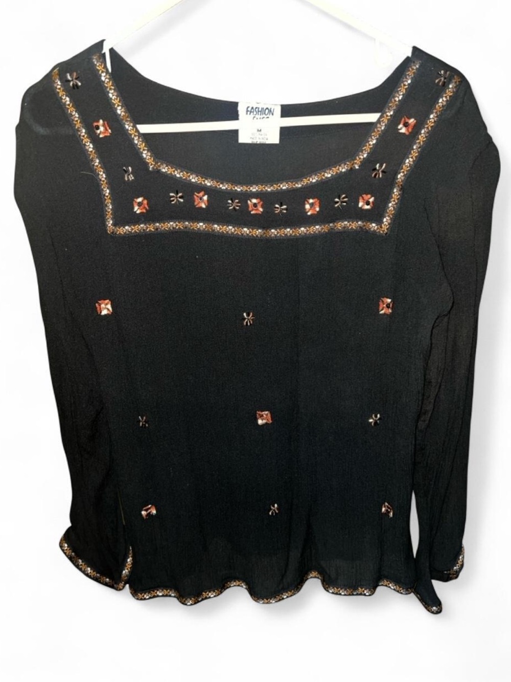 Y2K Fashion Fuse Black Embellished Beaded Floral Embroidered Long-Sleeve Top M